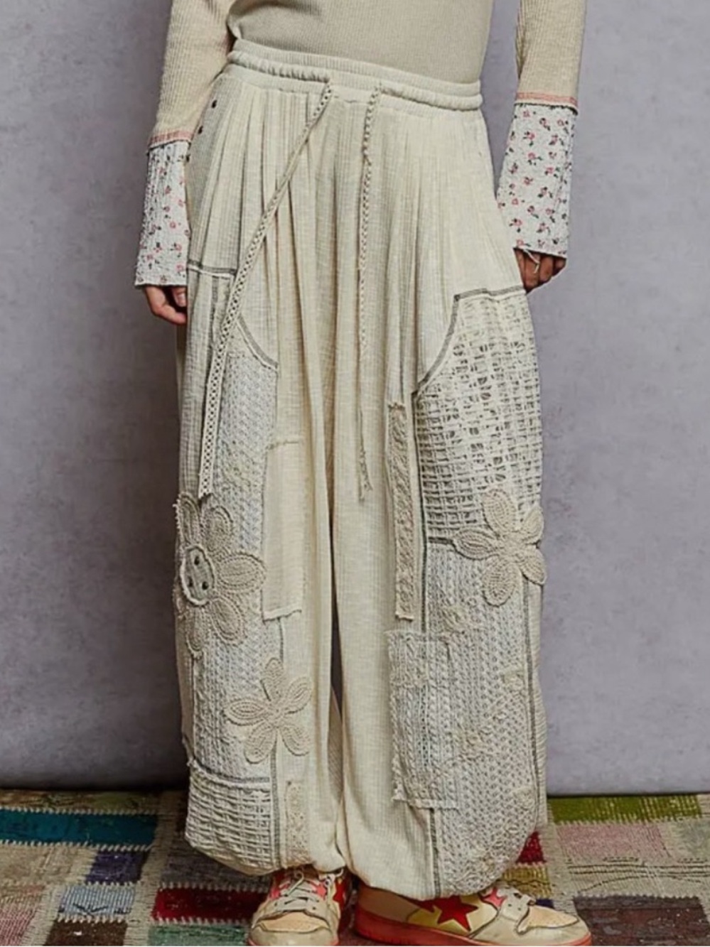 POL Cream Wide-Leg Patchwork Knit Joggers